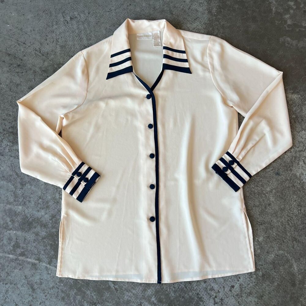 Christie & Jill 80s nautical blouse cream navy sailor stripe long sleeve top